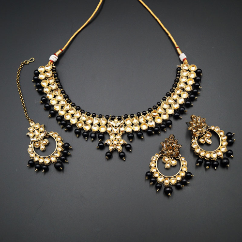 Jami Gold Kundan/Black Beads Necklace Set - Antique Gold