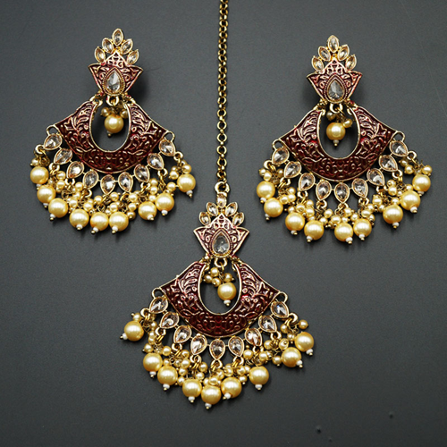 Jayu Maroon Meenakari Earring Tikka Set - Antique Gold