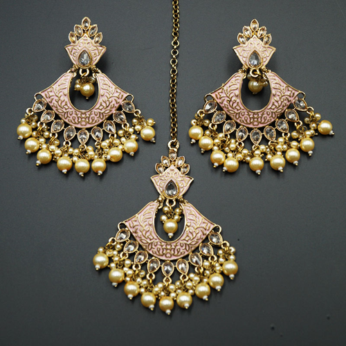 Jayu Baby Pink Meenakari Earring Tikka Set - Antique Gold
