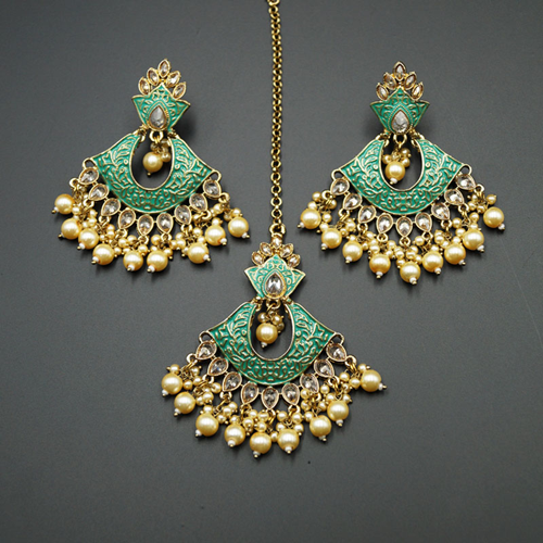 Jayu Mint Meenakari Earring Tikka Set - Antique Gold