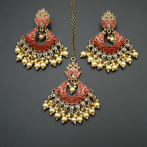 Jayu Red Meenakari Earring Tikka Set - Antique Gold