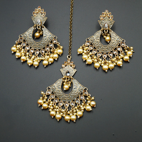 Jayu Grey Meenakari Earring Tikka Set - Antique Gold