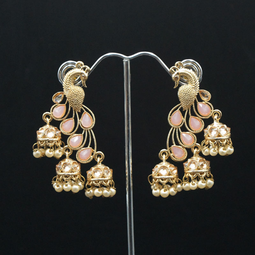 Pama Gold & Baby Pink Polki Stone Peacock Earrings - Gold