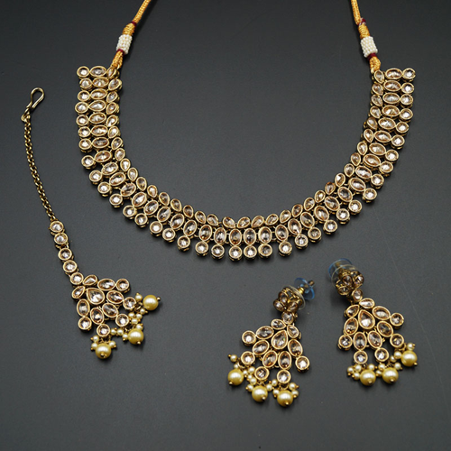 Raya Gold Polki Stone Necklace Set - Antique Gold