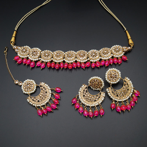 Rali Gold Polki Stone/Hot Pink Beads Choker Necklace Set - Antique Gold