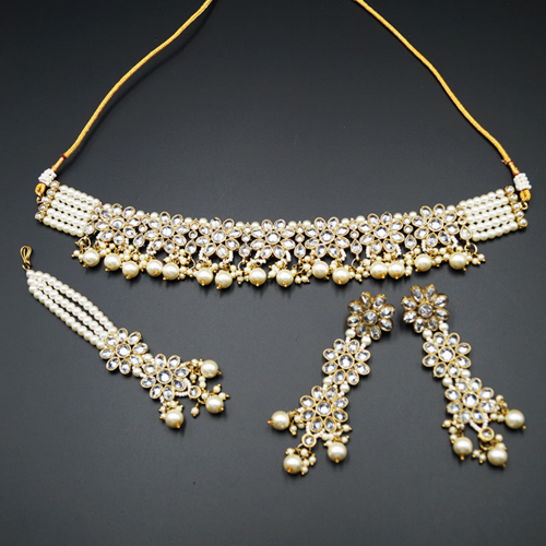 Dani White Polki Stone Choker Necklace Set - Antique Gold