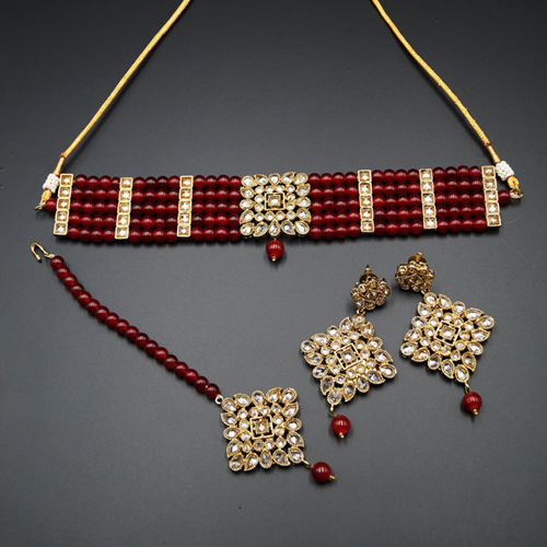 Icha Gold Polki Stone/Maroon Beads Choker Necklace Set - Antique Gold