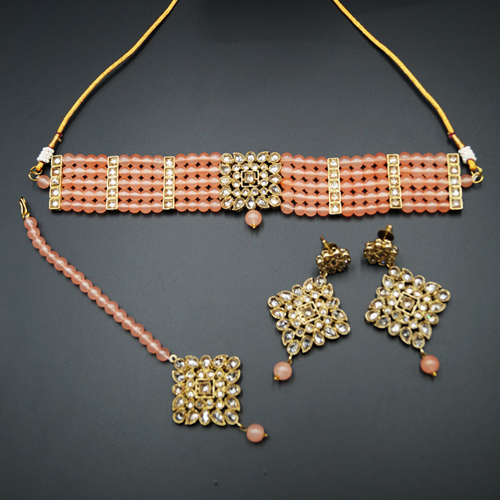 Icha Gold Polki Stone/Peach Beads Choker Necklace Set - Antique Gold