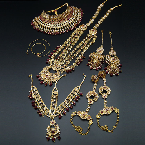 Nazo Gold/Ruby Red Polki Stone Bridal Set - Antique Gold