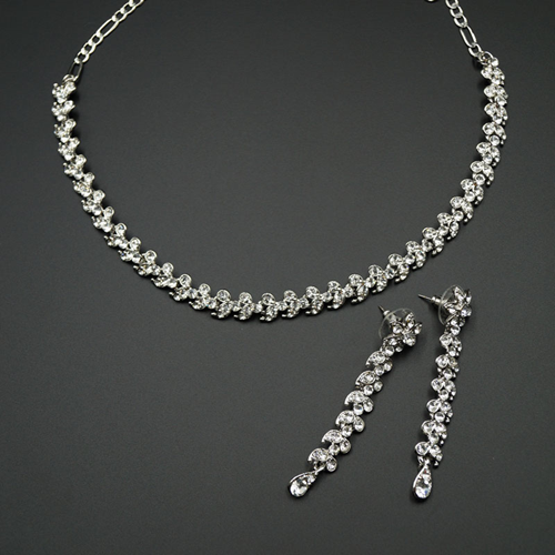 Xoti White Diamante Necklace Set - Silver