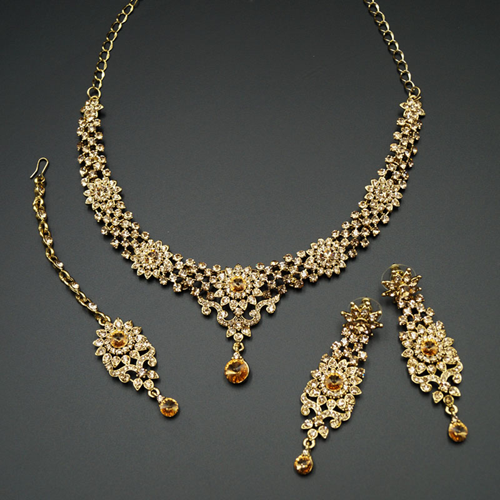 Oni Gold Diamante Necklace Set - Gold