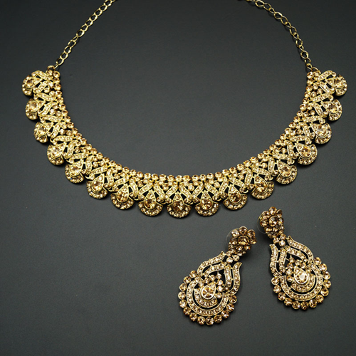 Pavi Gold Diamante Necklace Set - Gold
