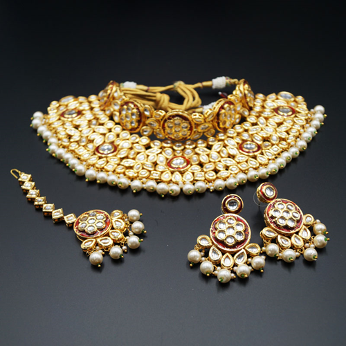 Raen White Kundan Choker Necklace Set - Gold