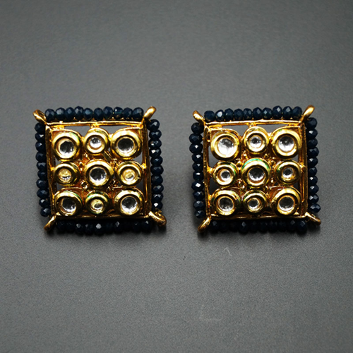 Gaya Dark Blue Bead/Kundan Stone Earrings - Gold