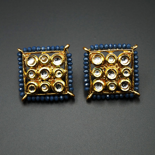 Gaya Navy Blue Bead/Kundan Stone Earrings - Gold
