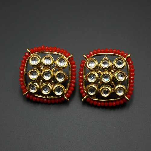 Tri Red Bead/Kundan Stone Earrings - Gold