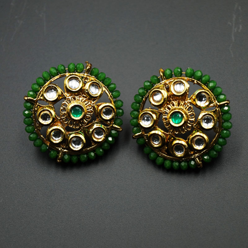 Har Green Bead/Kundan Stone Earrings - Gold