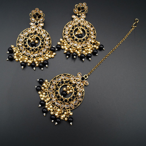 Naiti- Black/Gold Polki Earring Tikka Set - Antique Gold