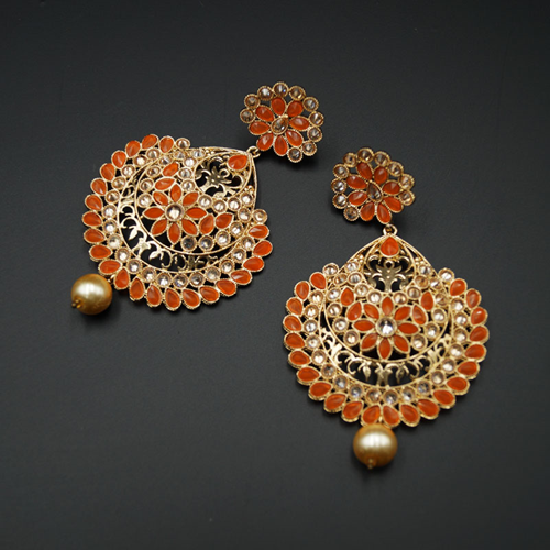 Vams - Orange & Gold Stone Earrings - Gold