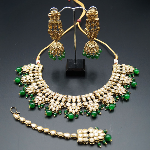 Chameli Gold Kundan/Green Beads Necklace Set - Antique Gold