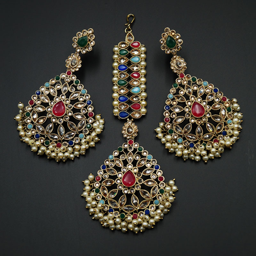 Padma - Multicolour Earring Tikka Set - Antique Gold