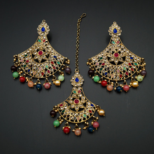 Diavi - Multicolour Earring Tikka Set - Antique Gold