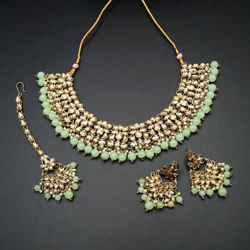 Anuj Gold Polki & Pista Beads Necklace Set - Antique Gold