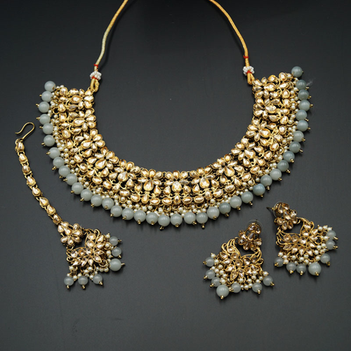 Anuj Gold Polki & Light Grey Beads Necklace Set - Antique Gold