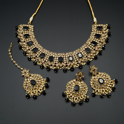 Urbi- Gold Polki & Black Beads Necklace Set - Antique Gold