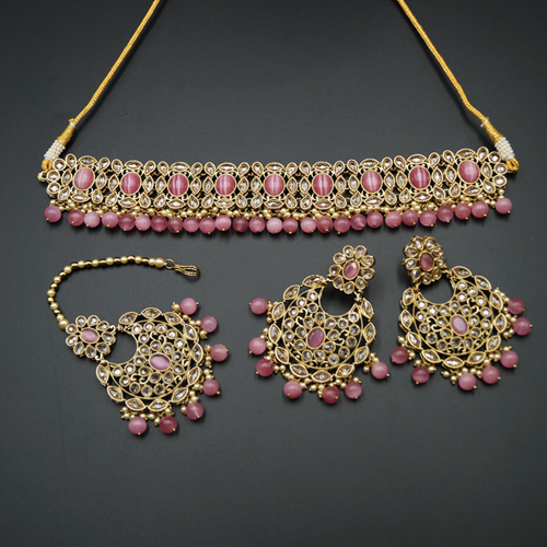 Oishi - Gold Polki/Pink Stone Choker Set - Antique Gold