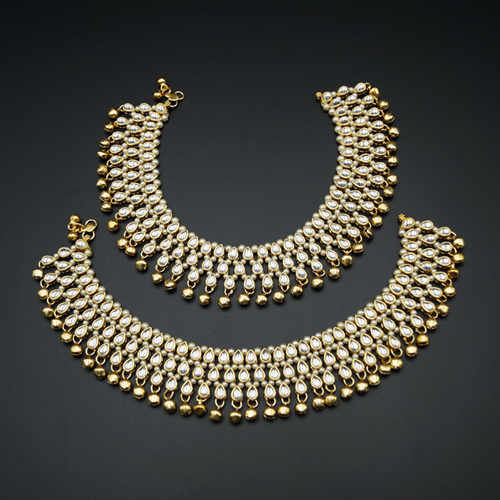 Ghusan- White Kundan/Pearls Payals -Gold