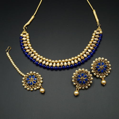 Bagya Gold Diamante/Royal Blue Necklace Set - Antique Gold