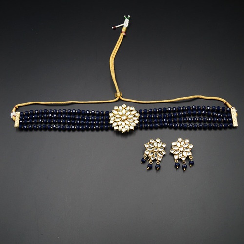 Reema- White Kundan/Blue Beads Punjabi Choker Necklace Set -Gold