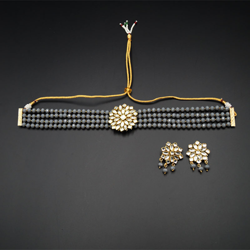 Reema- White Kundan/ Grey Beads  Punjabi Choker Necklace Set -Gold