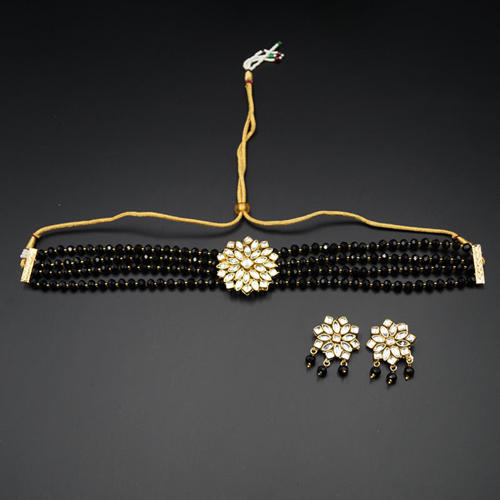 Reema- White Kundan/Black Beads  Punjabi Necklace Set -Gold