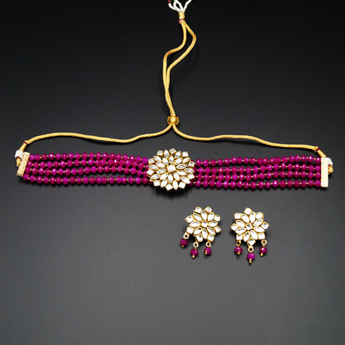 Reema- White Kundan/Hot Pink Beads  Punjabi Necklace Set -Gold