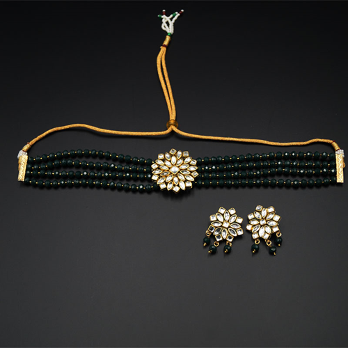 Reema- White Kundan/Green Beads  Punjabi Choker Necklace Set -Gold