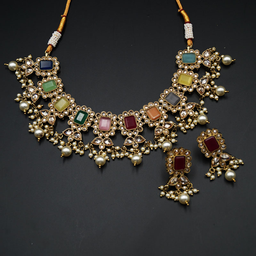 Talya - Multicolour Necklace Set - Antique Gold