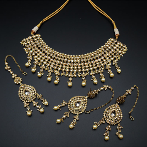 Ichita Gold Polki Stone/Pearl Choker Necklace Set - Antique Gold