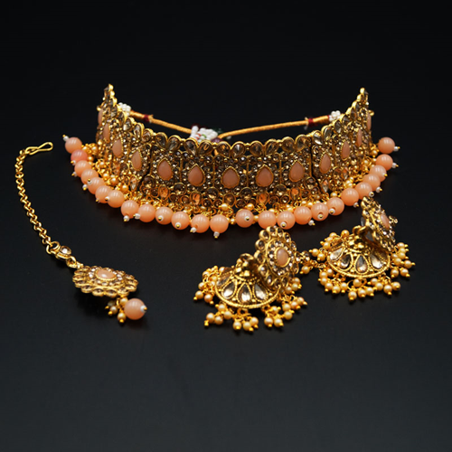 Ulka - Gold Diamante & Peach Choker Necklace Set - Gold