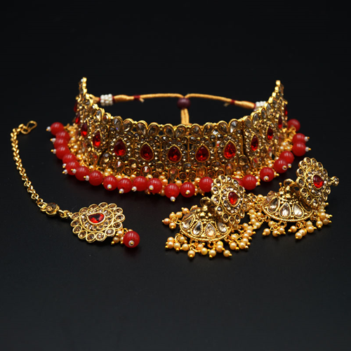 Ulka - Gold Diamante & Red Choker Necklace Set - Gold