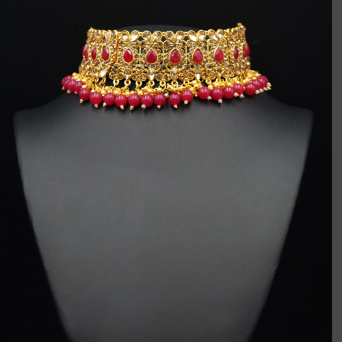 Ulka - Gold Diamante & Pink Choker Necklace Set - Gold