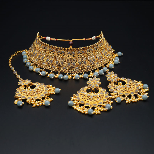 Jagya - Gold Diamante & Grey Choker Necklace Set - Gold