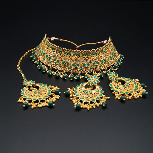Jagya - Gold Diamante & Green Choker Necklace Set - Gold