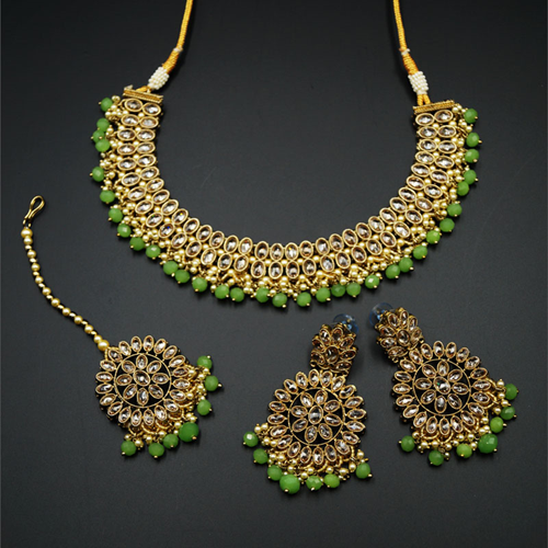 Fulki Gold Polki & Pista Beads Necklace Set - Antique Gold