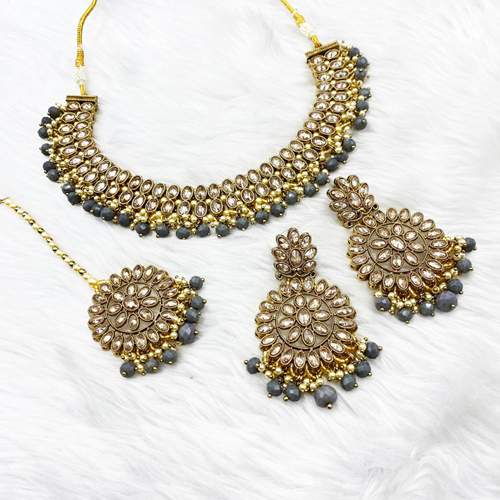 Fulki Gold Polki & Grey Beads Necklace Set - Antique Gold
