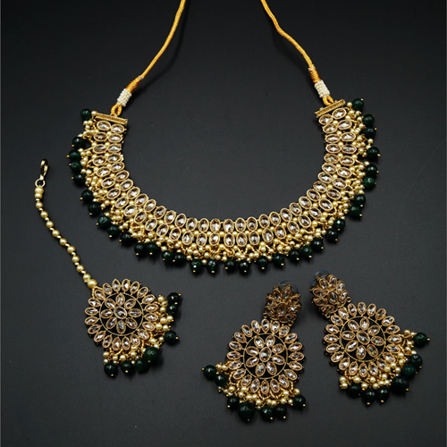 Fulki Gold Polki & Green Beads Necklace Set - Antique Gold