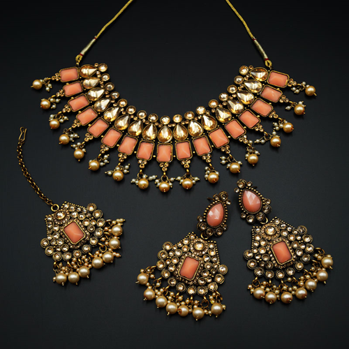 Varya - Gold Polki/Peach Necklace Set- Antique Gold