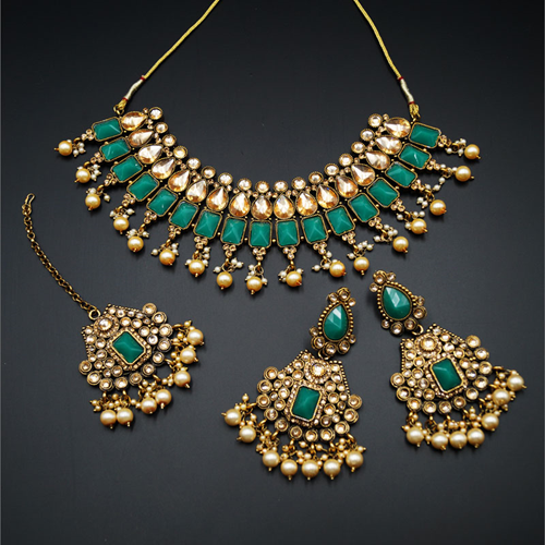 Varya - Gold Polki/Green Necklace Set- Antique Gold