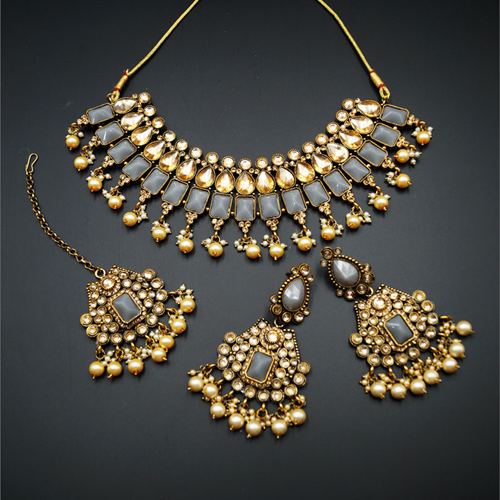 Varya - Gold Polki/Grey Necklace Set- Antique Gold